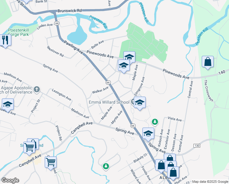 map of restaurants, bars, coffee shops, grocery stores, and more near Pawling Avenue & Locust Avenue in Troy