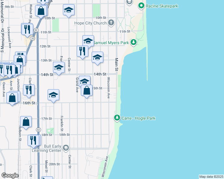 map of restaurants, bars, coffee shops, grocery stores, and more near 211 15th Street in Racine