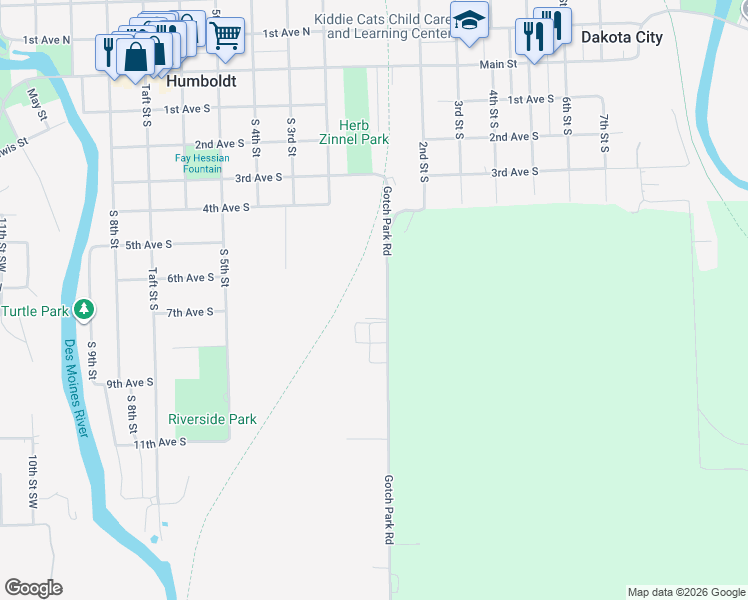 map of restaurants, bars, coffee shops, grocery stores, and more near 2301-2321 Gotch Park Road in Humboldt