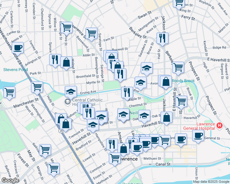 map of restaurants, bars, coffee shops, grocery stores, and more near Marion Avenue in Lawrence