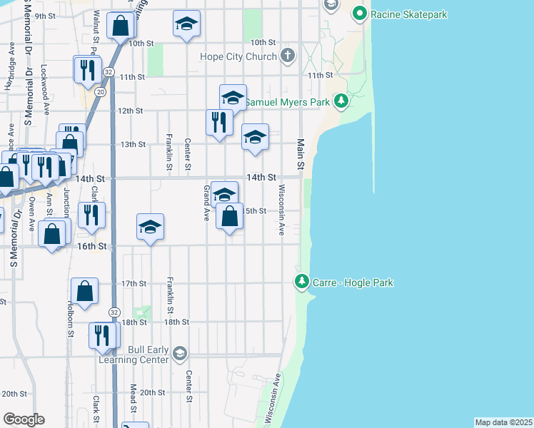 map of restaurants, bars, coffee shops, grocery stores, and more near 1501 College Avenue in Racine