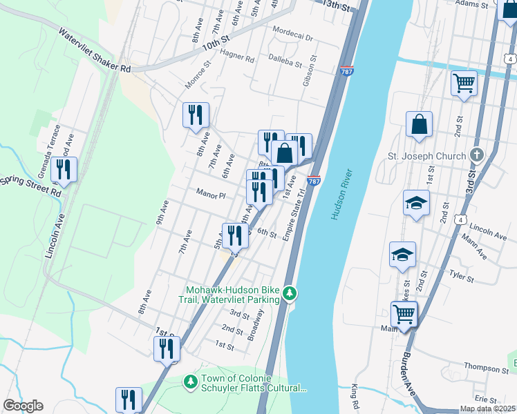 map of restaurants, bars, coffee shops, grocery stores, and more near 627 3rd Avenue in Watervliet