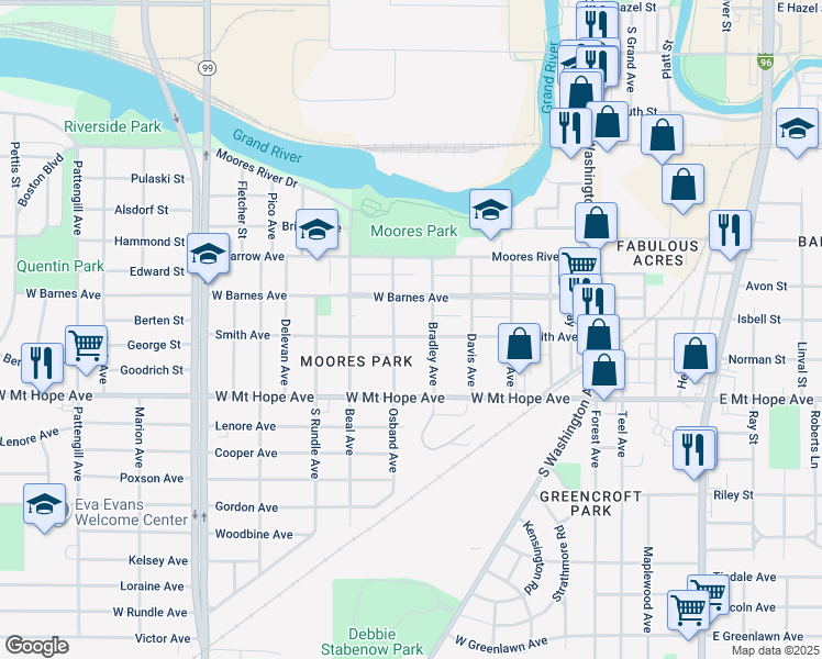 map of restaurants, bars, coffee shops, grocery stores, and more near 516 Smith Avenue in Lansing