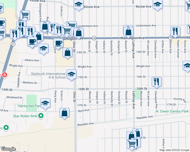 map of restaurants, bars, coffee shops, grocery stores, and more near 1438 Oregon St in Racine