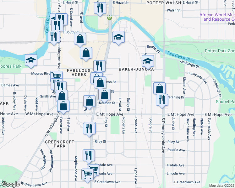 map of restaurants, bars, coffee shops, grocery stores, and more near 1702 Linval Street in Lansing