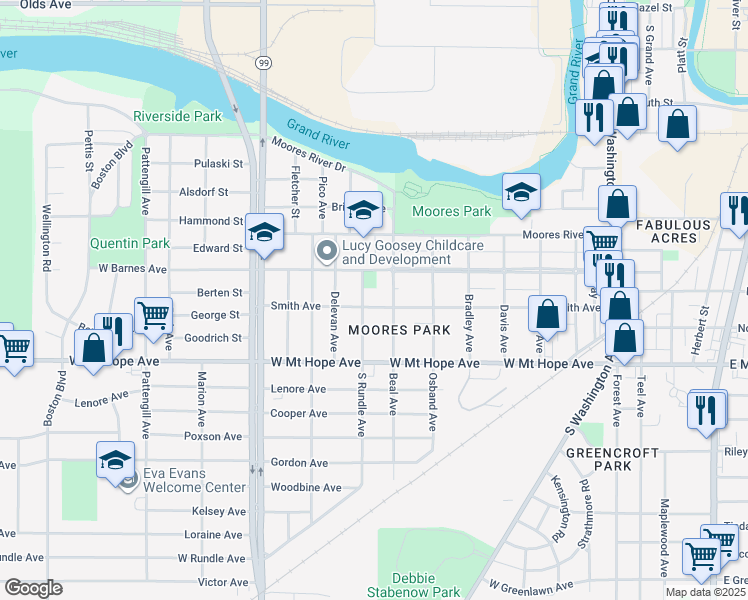map of restaurants, bars, coffee shops, grocery stores, and more near 718 Smith Avenue in Lansing