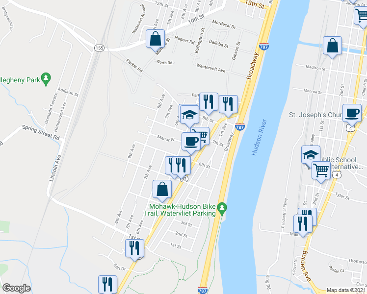 map of restaurants, bars, coffee shops, grocery stores, and more near 618 5th Ave in Watervliet