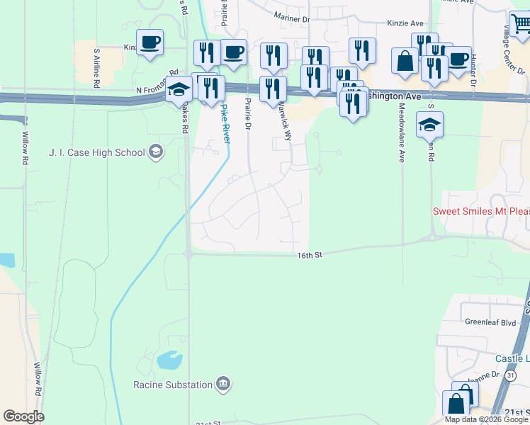 map of restaurants, bars, coffee shops, grocery stores, and more near 1515 Prairie Drive in Mount Pleasant