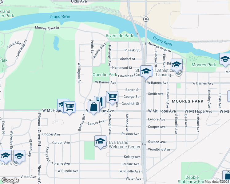 map of restaurants, bars, coffee shops, grocery stores, and more near 1732 Park Avenue in Lansing