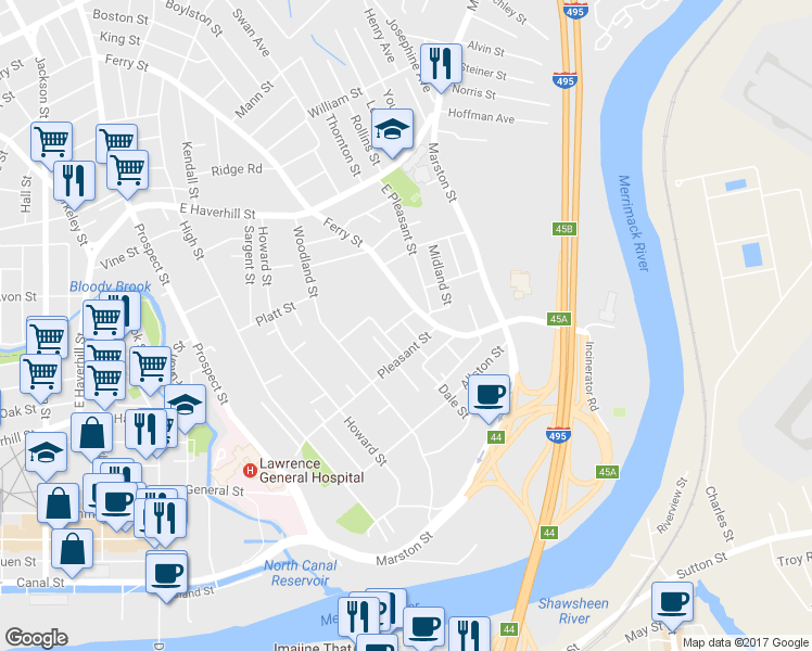 map of restaurants, bars, coffee shops, grocery stores, and more near 15 Hey Street in Lawrence