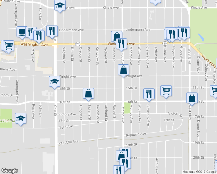 map of restaurants, bars, coffee shops, grocery stores, and more near 1439 Orchard Street in Racine