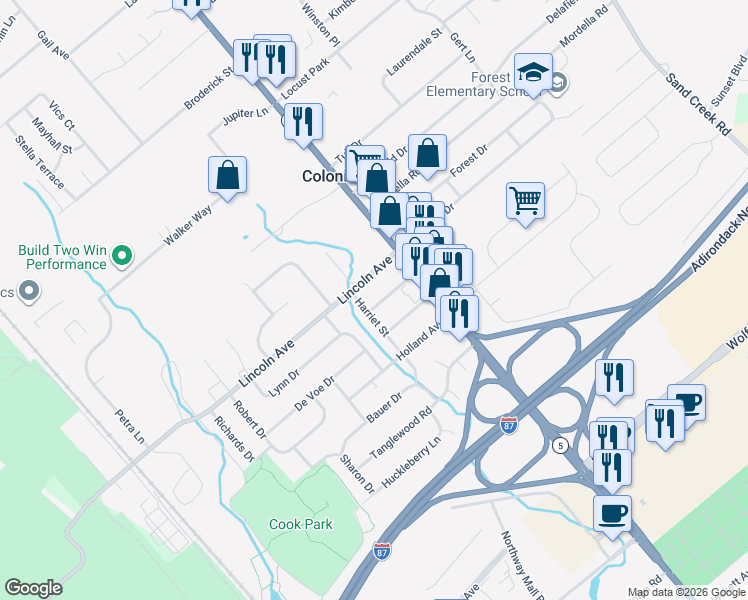 map of restaurants, bars, coffee shops, grocery stores, and more near 17 Hawley Avenue in Colonie
