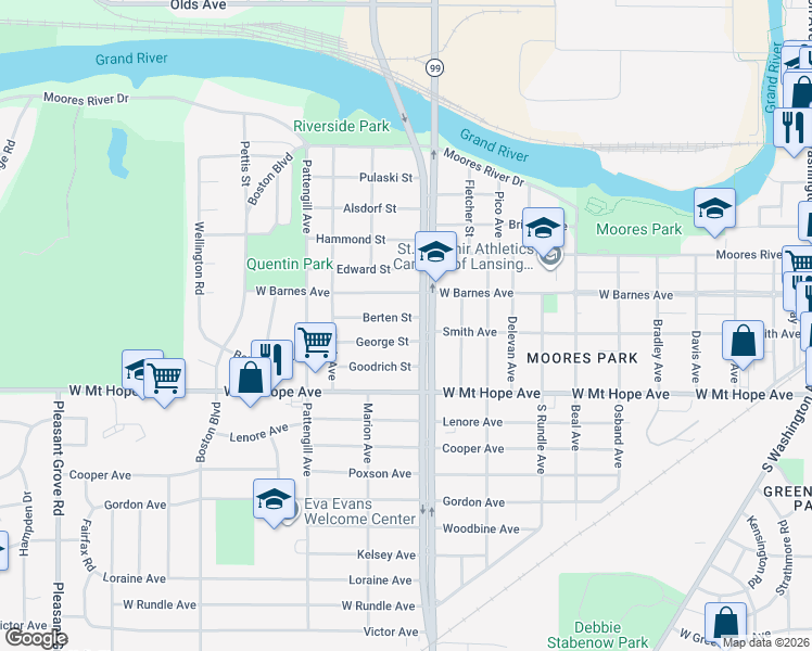 map of restaurants, bars, coffee shops, grocery stores, and more near 1123 Berten St in Lansing