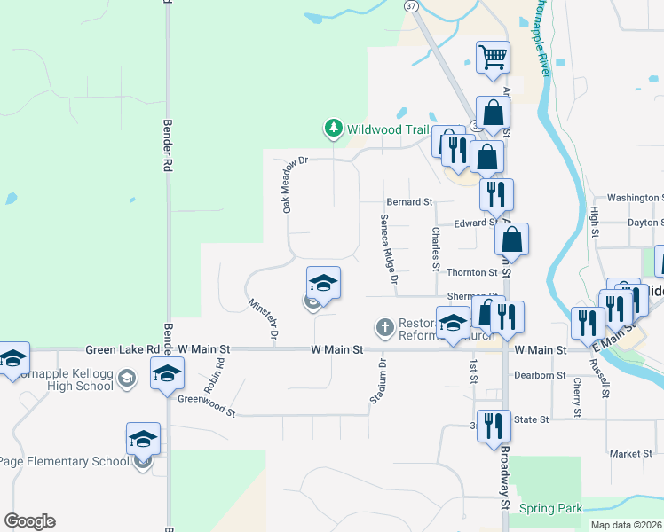map of restaurants, bars, coffee shops, grocery stores, and more near 409 Oak View Drive in Middleville