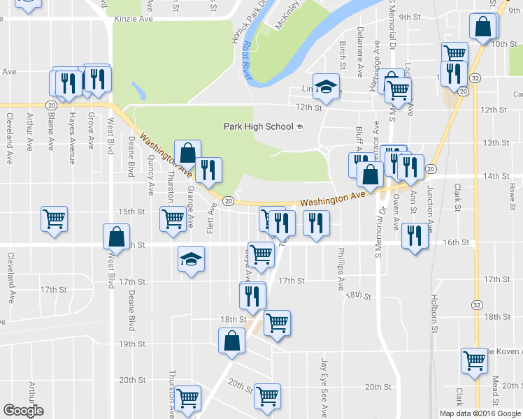 map of restaurants, bars, coffee shops, grocery stores, and more near 2307 Washington Avenue in Racine