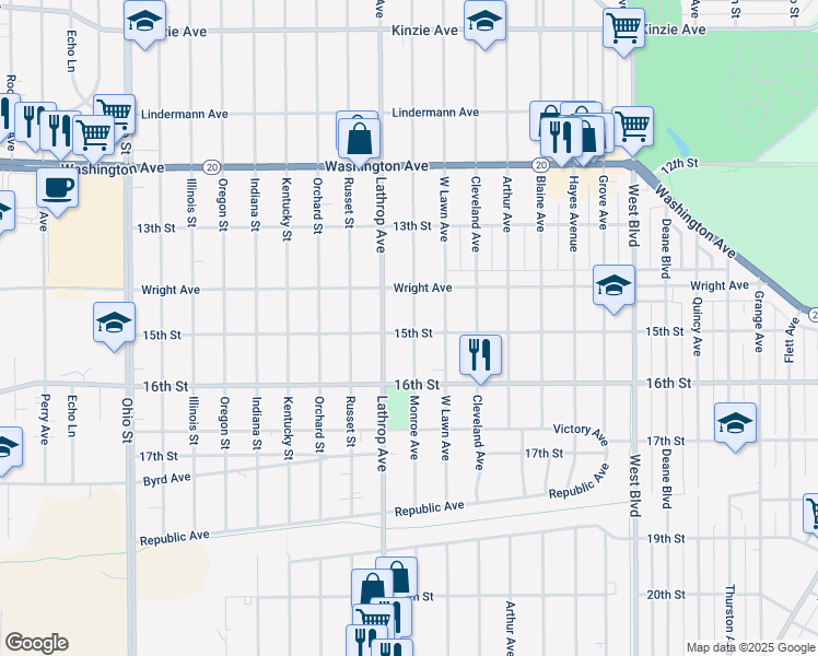 map of restaurants, bars, coffee shops, grocery stores, and more near 1436 Monroe Avenue in Racine