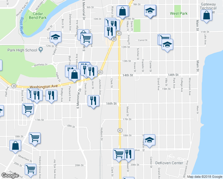 map of restaurants, bars, coffee shops, grocery stores, and more near 1500 Clark Street in Racine