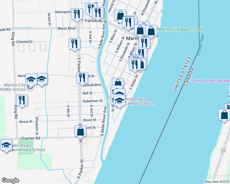 map of restaurants, bars, coffee shops, grocery stores, and more near 605 South Main Street in Marine City