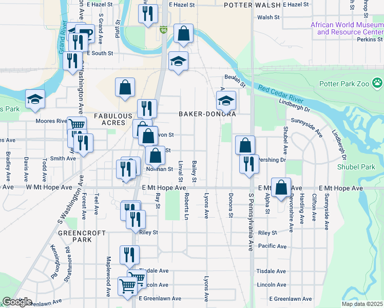 map of restaurants, bars, coffee shops, grocery stores, and more near 624 Isbell Street in Lansing