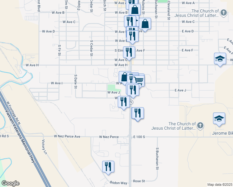 map of restaurants, bars, coffee shops, grocery stores, and more near 209 West Avenue J in Jerome