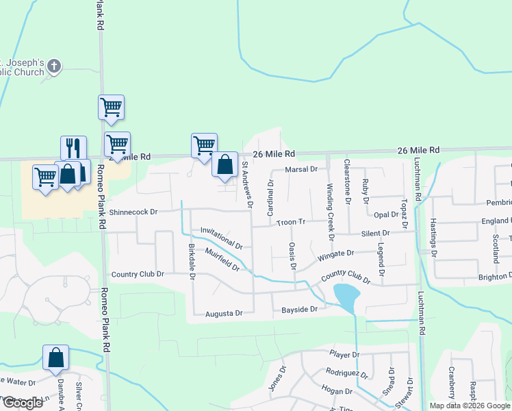map of restaurants, bars, coffee shops, grocery stores, and more near 56692 Saint Andrews Drive in Macomb