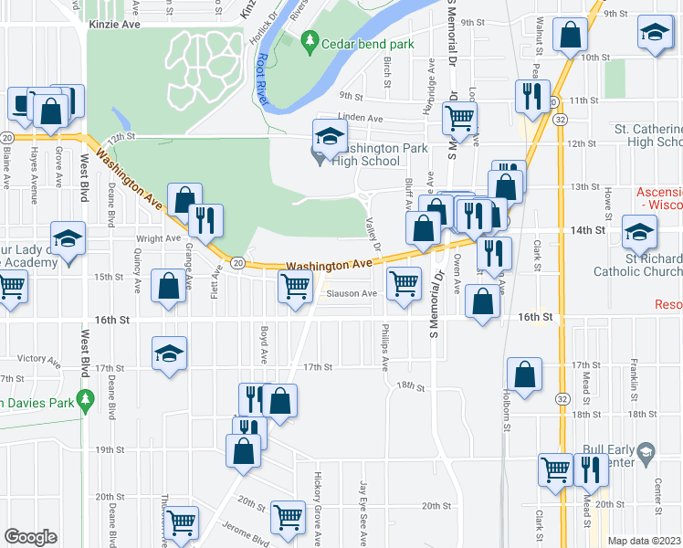 map of restaurants, bars, coffee shops, grocery stores, and more near 2023 Washington Avenue in Racine