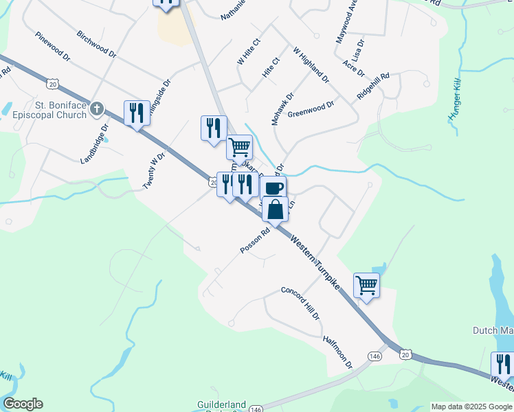 map of restaurants, bars, coffee shops, grocery stores, and more near 2571 Western Avenue in Altamont