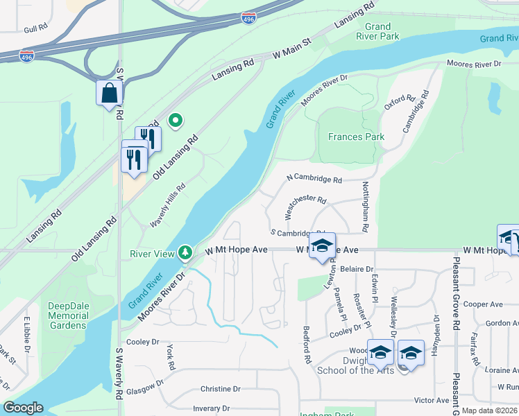 map of restaurants, bars, coffee shops, grocery stores, and more near 3225 South Cambridge Road in Lansing