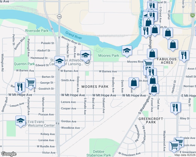 map of restaurants, bars, coffee shops, grocery stores, and more near 620 Smith Avenue in Lansing