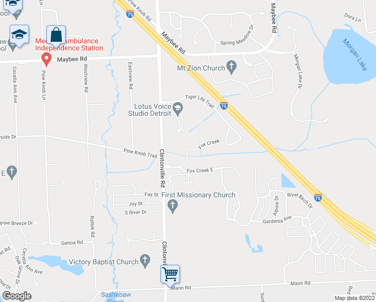 map of restaurants, bars, coffee shops, grocery stores, and more near Fox Creek in Clarkston