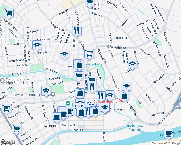 map of restaurants, bars, coffee shops, grocery stores, and more near 192 Union Street in Lawrence