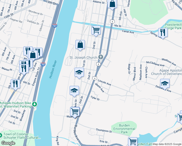map of restaurants, bars, coffee shops, grocery stores, and more near 452 2nd Street in Troy