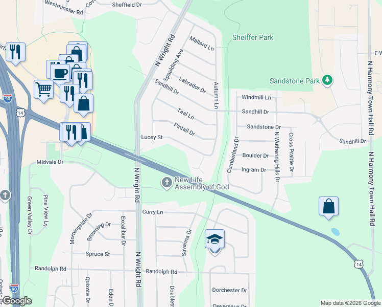 map of restaurants, bars, coffee shops, grocery stores, and more near 3850 Lucey Street in Janesville