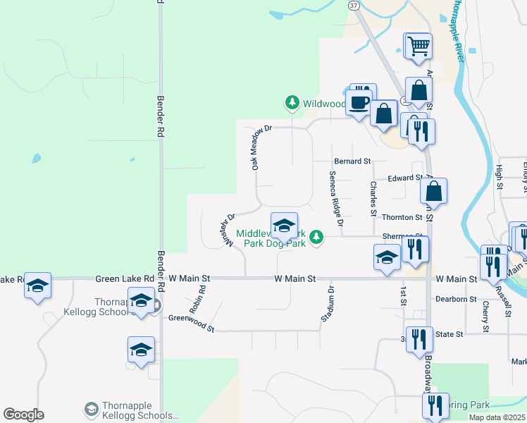 map of restaurants, bars, coffee shops, grocery stores, and more near 395 Minstehr Drive in Middleville