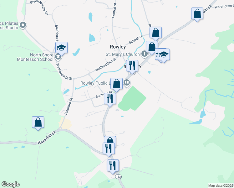 map of restaurants, bars, coffee shops, grocery stores, and more near 125 Main Street in Rowley
