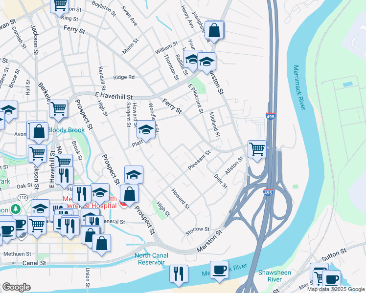 map of restaurants, bars, coffee shops, grocery stores, and more near 28 Kress Street in Lawrence