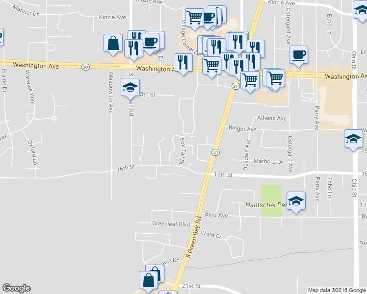 map of restaurants, bars, coffee shops, grocery stores, and more near 1439 Fox Tail Drive in Racine