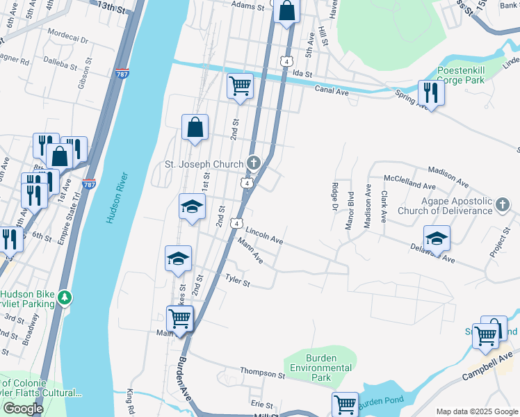 map of restaurants, bars, coffee shops, grocery stores, and more near 502 4th Street in Troy