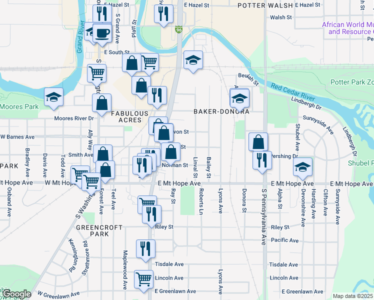 map of restaurants, bars, coffee shops, grocery stores, and more near 1702 Linval Street in Lansing