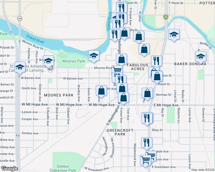 map of restaurants, bars, coffee shops, grocery stores, and more near 122 Smith Avenue in Lansing
