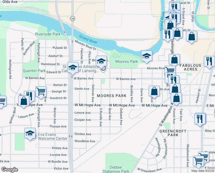 map of restaurants, bars, coffee shops, grocery stores, and more near 718 Smith Avenue in Lansing
