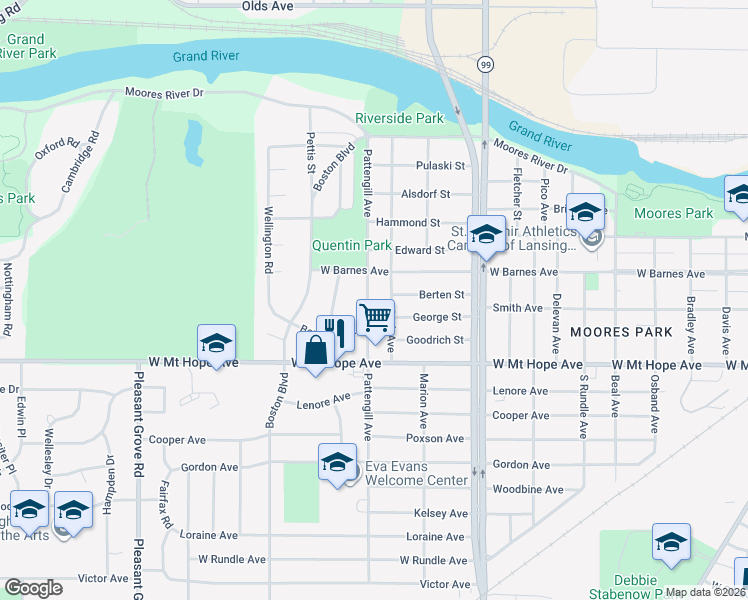 map of restaurants, bars, coffee shops, grocery stores, and more near 1732 Park Avenue in Lansing