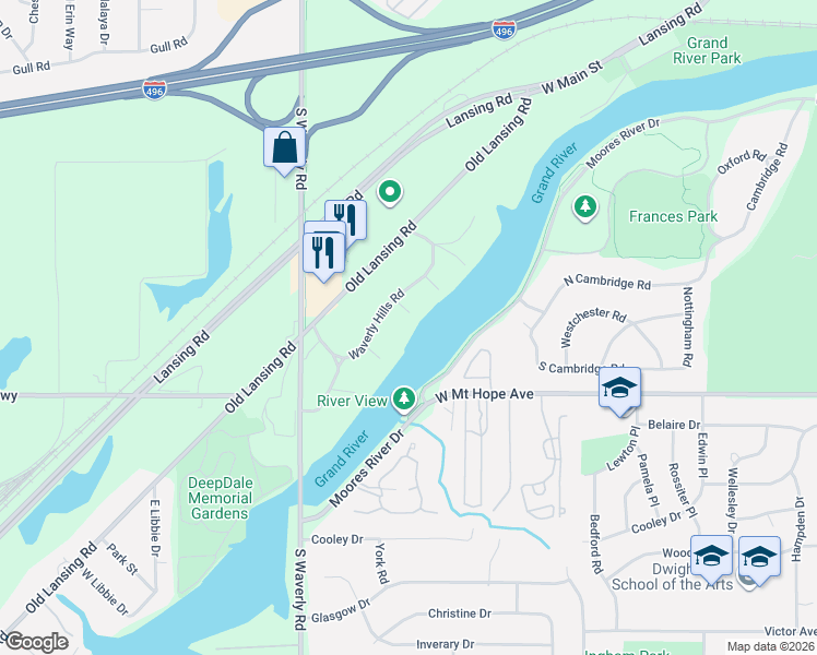 map of restaurants, bars, coffee shops, grocery stores, and more near 3619 Waverly Hills Road in Lansing