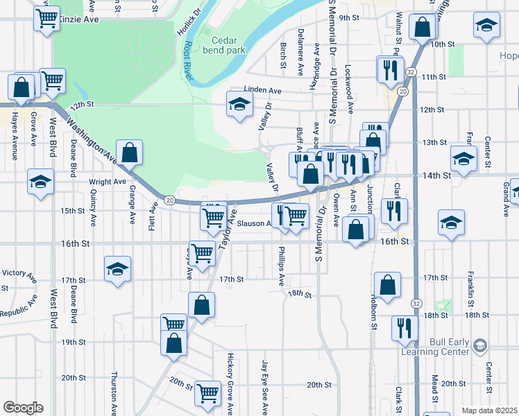 map of restaurants, bars, coffee shops, grocery stores, and more near 2023 Washington Avenue in Racine