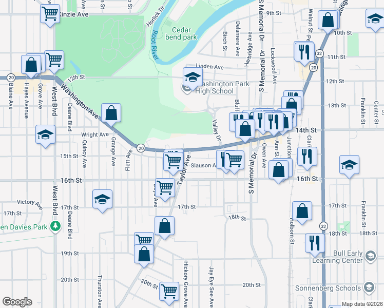 map of restaurants, bars, coffee shops, grocery stores, and more near 2023 Washington Avenue in Racine