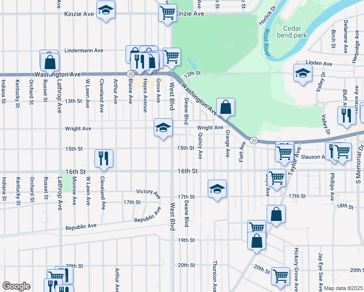 map of restaurants, bars, coffee shops, grocery stores, and more near 1439 West Boulevard in Racine