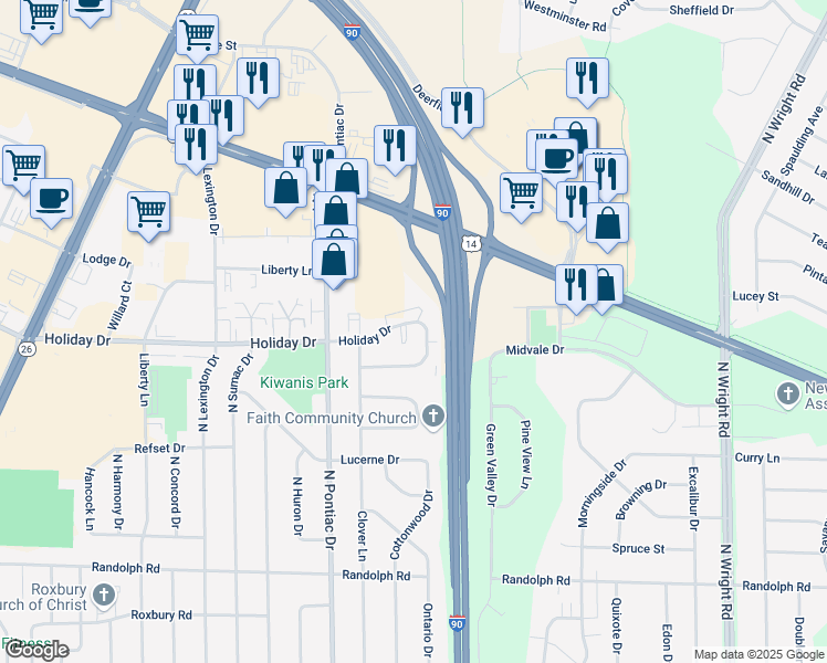 map of restaurants, bars, coffee shops, grocery stores, and more near 2858 Holiday Drive in Janesville