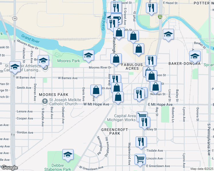map of restaurants, bars, coffee shops, grocery stores, and more near 122 Smith Avenue in Lansing