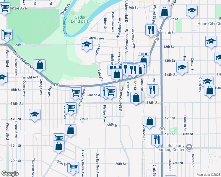 map of restaurants, bars, coffee shops, grocery stores, and more near 1520 Packard Avenue in Racine