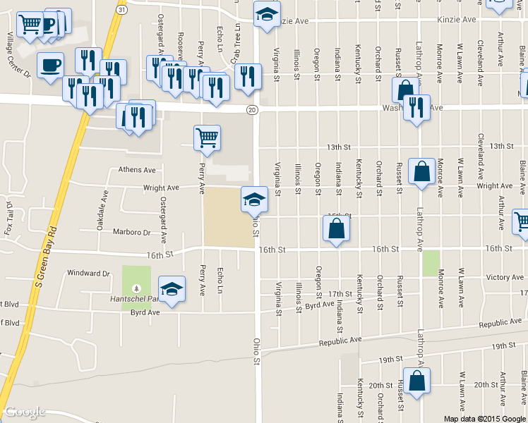 map of restaurants, bars, coffee shops, grocery stores, and more near 1435 Ohio Street in Racine